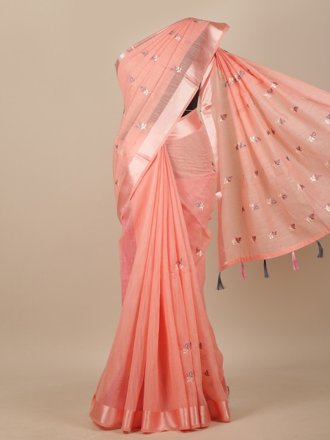 

Pothys Pink & Blue Floral Embroidered Chanderi Saree