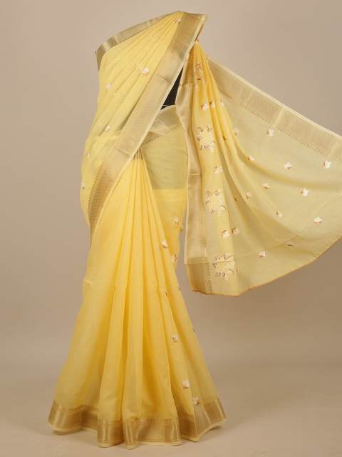 

Pothys Yellow & Gold-Toned Floral Embroidered Chanderi Saree
