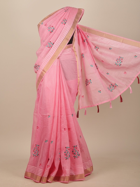 

Pothys Pink & Turquoise Blue Floral Embroidered Chanderi Saree