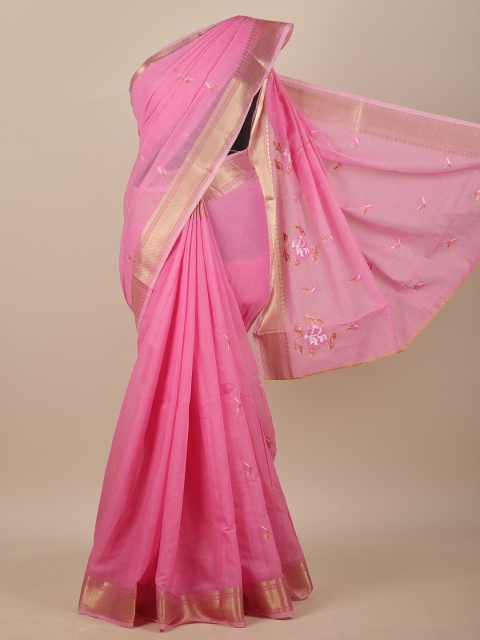 

Pothys Pink & Gold-Toned Floral Embroidered Chanderi Saree