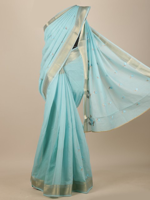 

Pothys Blue & Gold-Toned Floral Embroidered Chanderi Saree