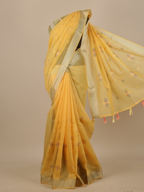 

Pothys Yellow & Grey Floral Embroidered Chanderi Saree