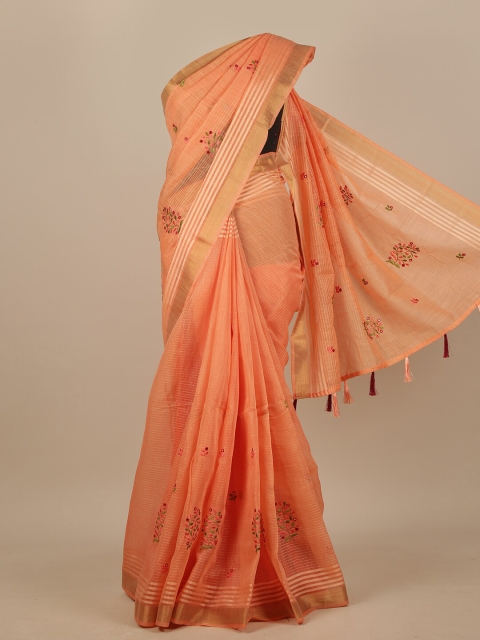 

Pothys Peach-Coloured & Green Floral Embroidered Chanderi Saree