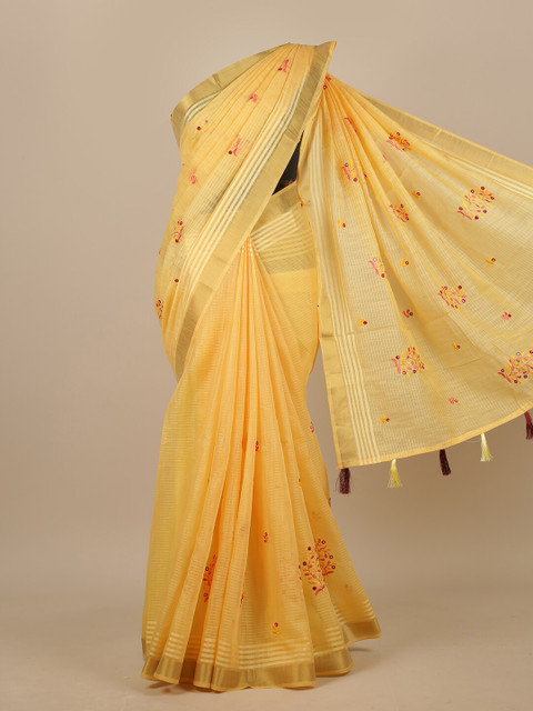 

Pothys Yellow & Red Floral Embroidered Chanderi Saree