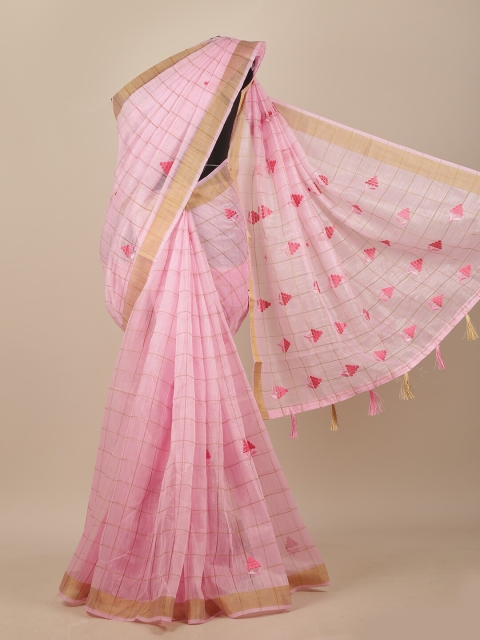 

Pothys Pink & Gold-Toned Checked Embroidered Chanderi Saree