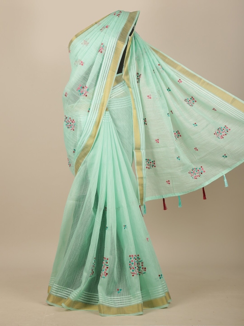 

Pothys Green & Pink Floral Embroidered Chanderi Saree