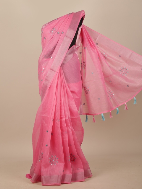 

Pothys Pink & Turquoise Blue Ethnic Motifs Embroidered Chanderi Saree
