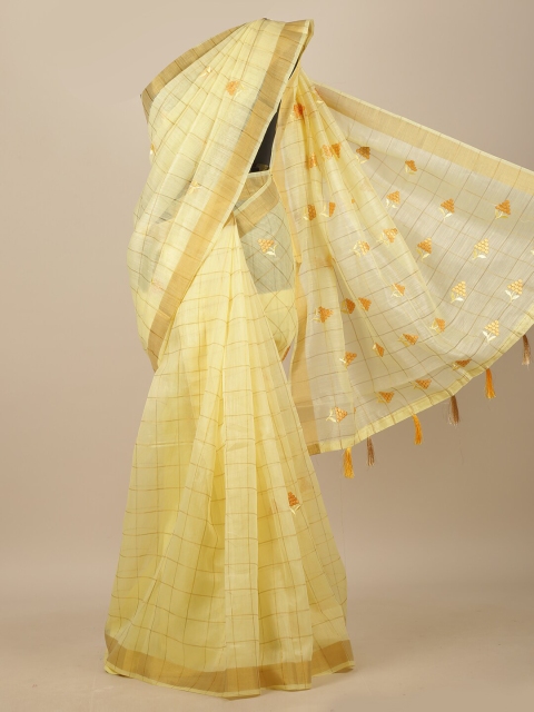 

Pothys Yellow Checked Embroidered Chanderi Saree