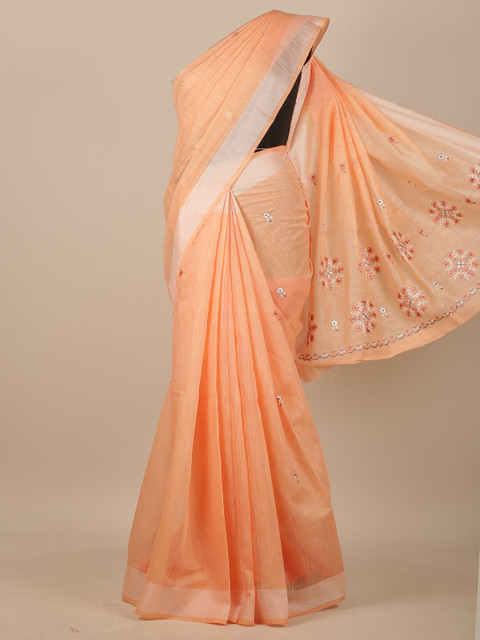 

Pothys Peach-Coloured & Silver-Toned Floral Zari Chanderi Saree