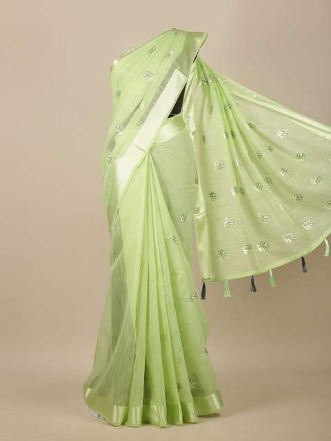 

Pothys Green & Silver-Toned Floral Zari Chanderi Saree