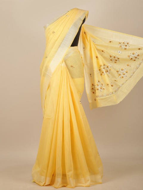 

Pothys Yellow & Silver-Toned Floral Zari Chanderi Saree