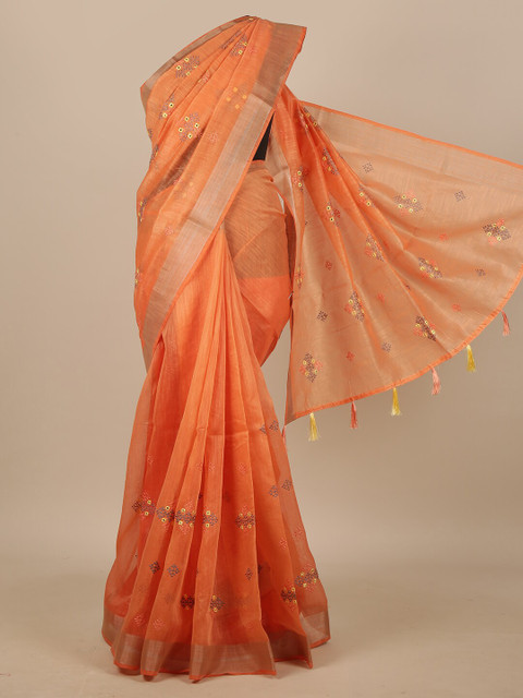 

Pothys Orange & Silver-Toned Floral Zari Chanderi Saree