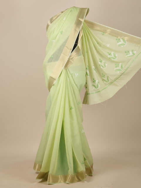 

Pothys Green & Gold-Toned Floral Zari Chanderi Saree