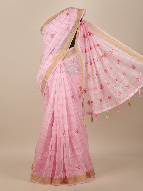 

Pothys Pink & Red Floral Zari Chanderi Saree