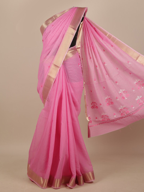 

Pothys Pink & Gold-Toned Floral Zari Chanderi Saree