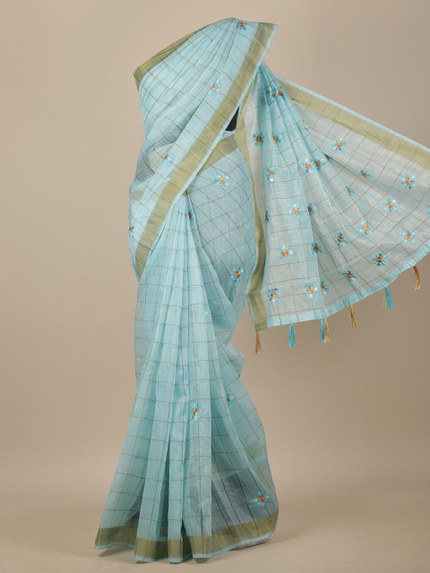 

Pothys Blue & Tan Checked Embroidered Chanderi Saree