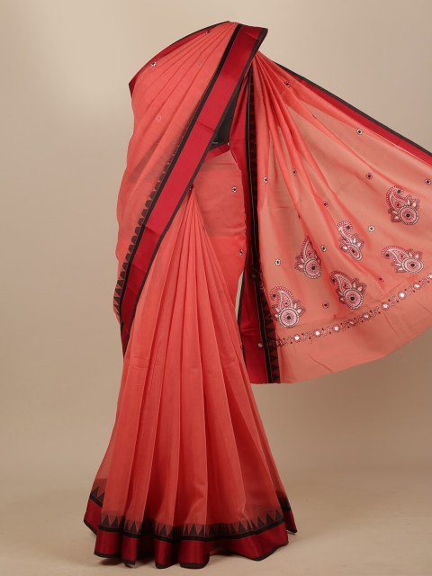 

Pothys Pink & Peach-Coloured Floral Embroidered Chanderi Saree