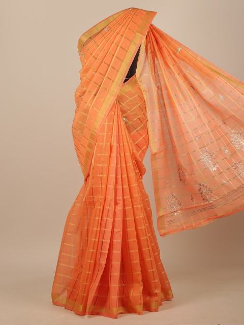 

Pothys Peach-Coloured & Yellow Checked Zari Chanderi Saree