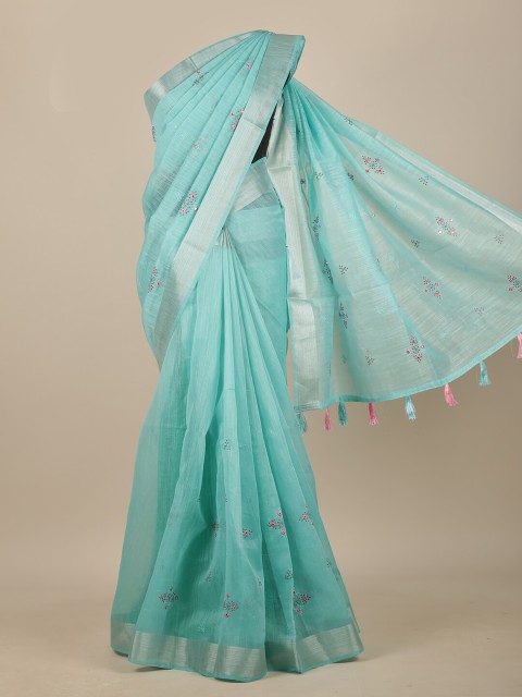 

Pothys Blue & Green Floral Chanderi Saree