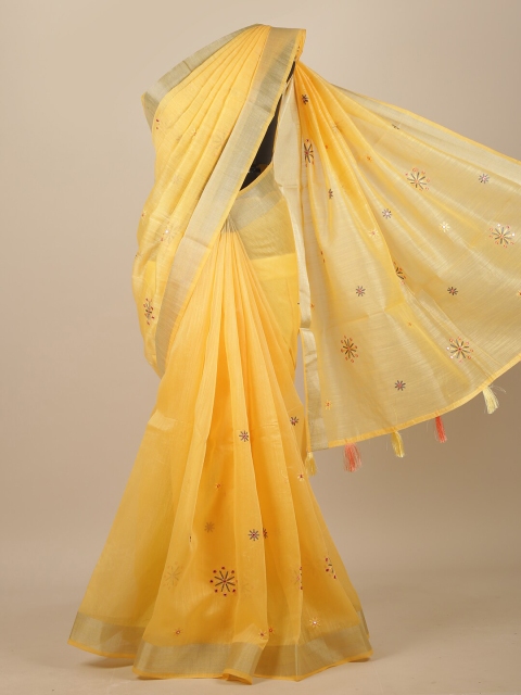 

Pothys Yellow & Grey Floral Zari Chanderi Saree