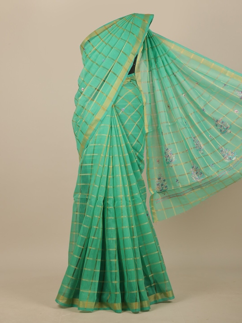 

Pothys Green & Gold-Toned Checked Zari Chanderi Saree
