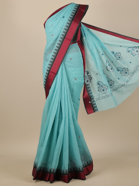 

Pothys Blue & Red Floral Zari Chanderi Saree