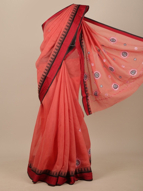 

Pothys Pink & Black Floral Zari Chanderi Saree