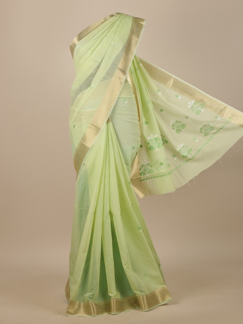 

Pothys Green & Gold-Toned Floral Zari Chanderi Saree