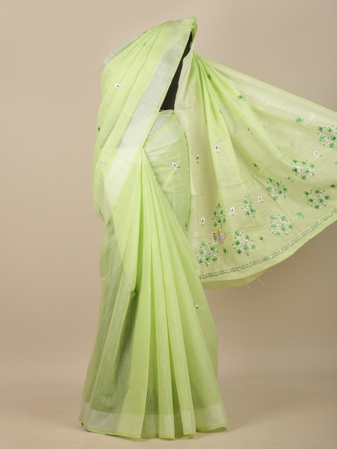 

Pothys Green & Silver-Toned Floral Zari Chanderi Saree
