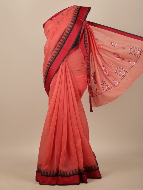 

Pothys Pink & Peach-Coloured Floral Zari Chanderi Saree
