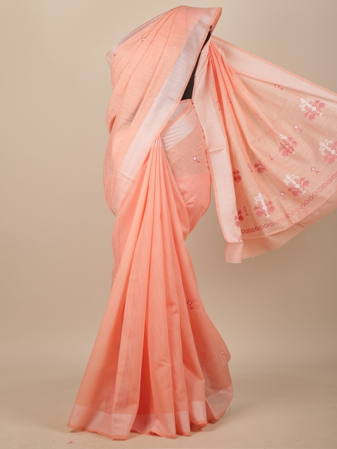 

Pothys Peach-Coloured & Silver-Toned Floral Zari Chanderi Saree