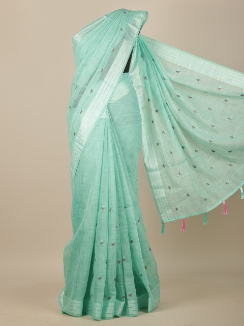 

Pothys Green & Silver-Toned Floral Zari Chanderi Saree