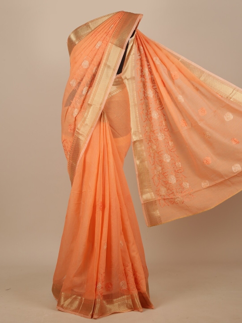 

Pothys Orange & Gold-Toned Floral Zari Chanderi Saree