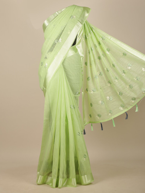 

Pothys Green & Silver-Toned Floral Zari Chanderi Saree