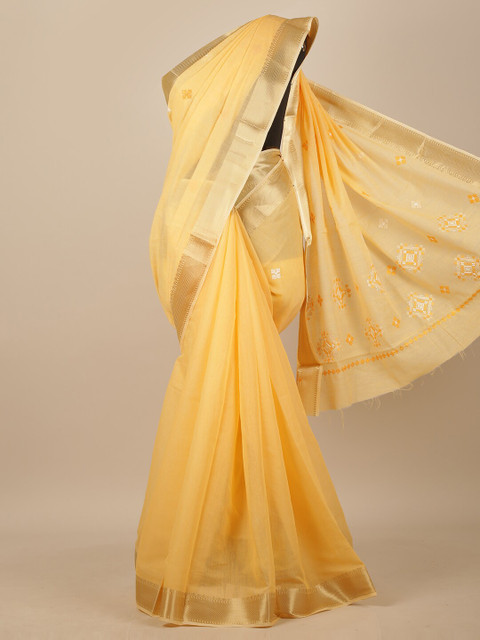 

Pothys Yellow & Gold-Toned Ethnic Motifs Zari Chanderi Saree