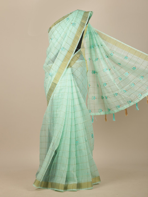 

Pothys Green & Gold-Toned Floral Zari Chanderi Saree