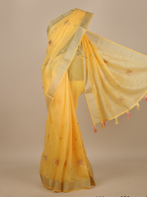 

Pothys Yellow & Silver-Toned Floral Zari Chanderi Saree