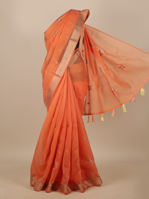 

Pothys Orange & Pink Floral Chanderi Saree