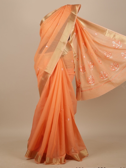 

Pothys Orange & Gold-Toned Floral Zari Chanderi Saree