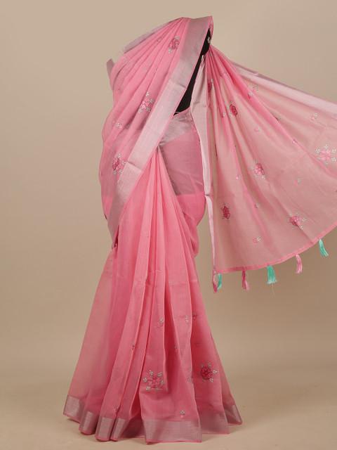

Pothys Pink & Green Floral Zari Chanderi Saree