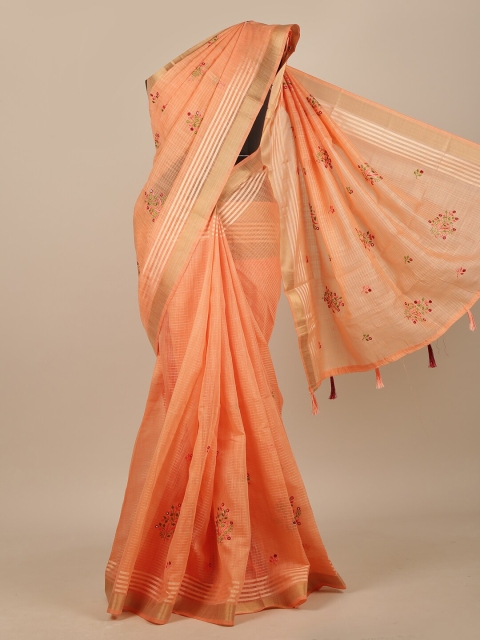 

Pothys Peach-Coloured & Green Floral Zari Chanderi Saree