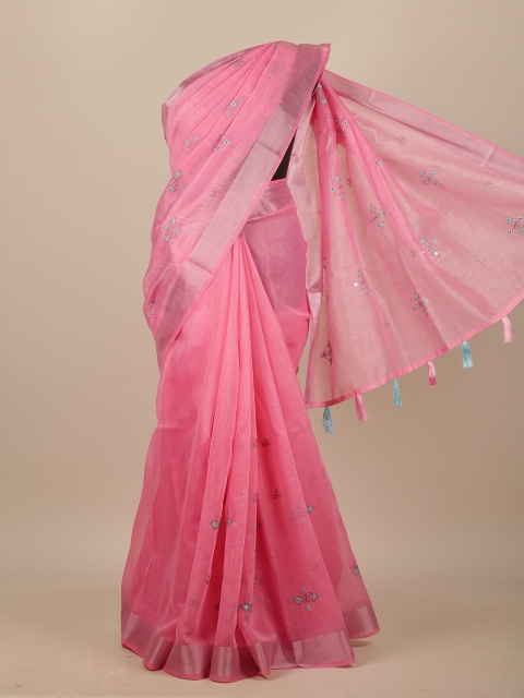 

Pothys Pink & Blue Floral Zari Chanderi Saree