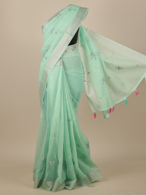 

Pothys Green & Pink Floral Zari Chanderi Saree