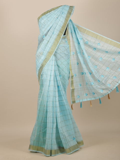

Pothys Blue & Gold-Toned Checked Zari Chanderi Saree