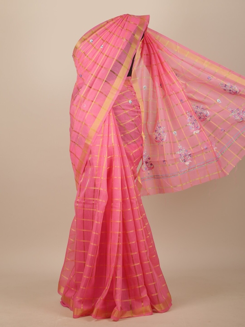 

Pothys Pink & Gold-Toned Floral Embroidered Chanderi Saree