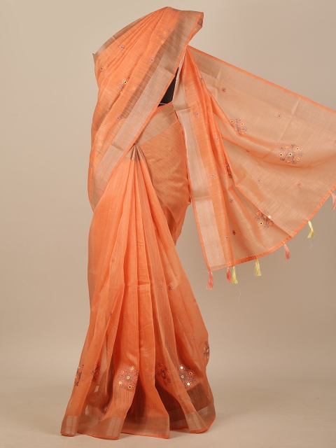 

Pothys Orange & Grey Floral Embroidered Chanderi Saree