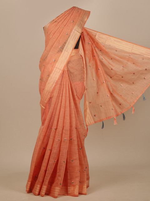 

Pothys Peach-Coloured & Blue Floral Embroidered Chanderi Saree