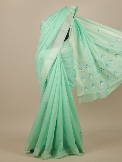 

Pothys Green & Silver-Toned Floral Zari Chanderi Saree