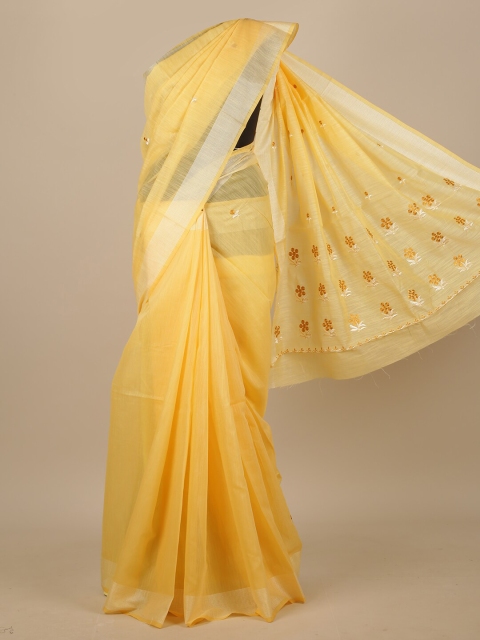 

Pothys Yellow & Brown Floral Zari Chanderi Saree