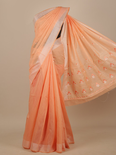 

Pothys Peach-Coloured Floral Embroidered Chanderi Saree